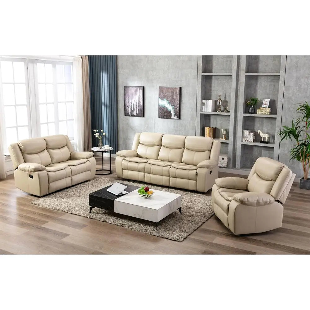 Cream Manual Recliner Loveseat Sofa Set 1+2+3 Seater Pillow Top Arms Pocket Spring Seating Leather Upholstery