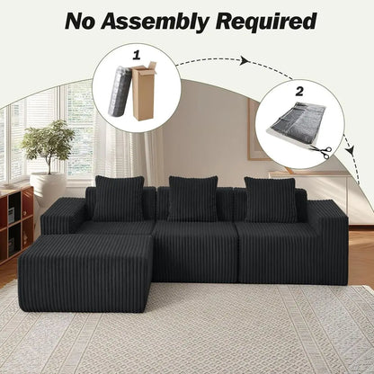 L-Shaped Memory Foam Sofa with Chaise, Corduroy Upholstery, Easy Assembly Living Room Couch (Black)