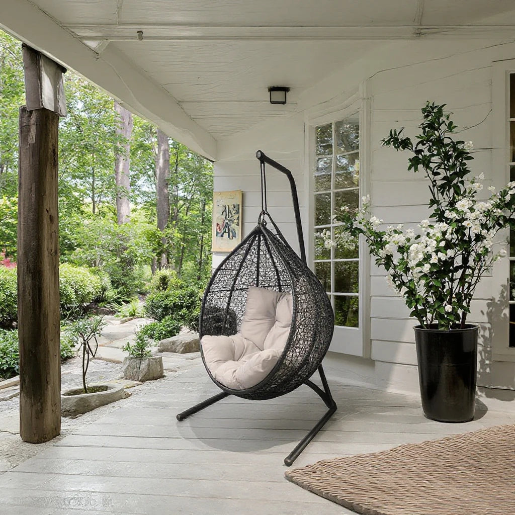 Modern Outdoor Garden Patio Courtyard Aluminium Metal Hanging Egg Swing With Stand Rattan Egg Swing Chair