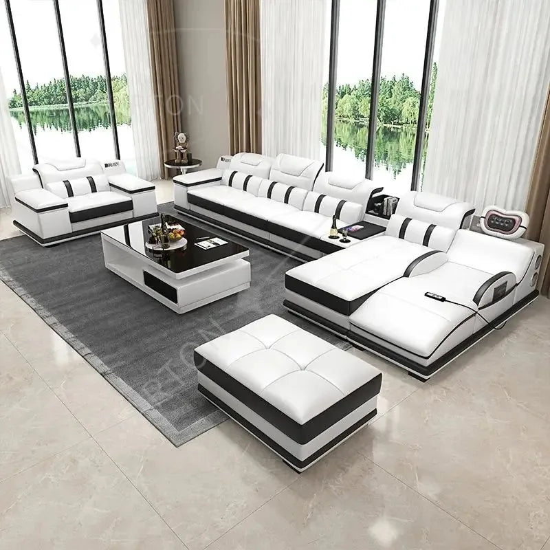 Italian Sofa with Bluetooth, Speaker, Functional Headrest, Massage Chaise | Big Corner Couch