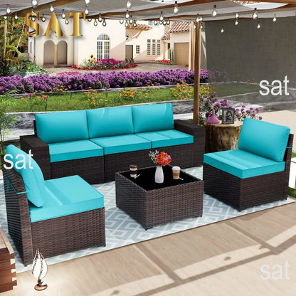 A Sectional Sofa Outdoor Furniture All Weather Brown PE Rattan Patio Conversation w/5 Seat Cushions