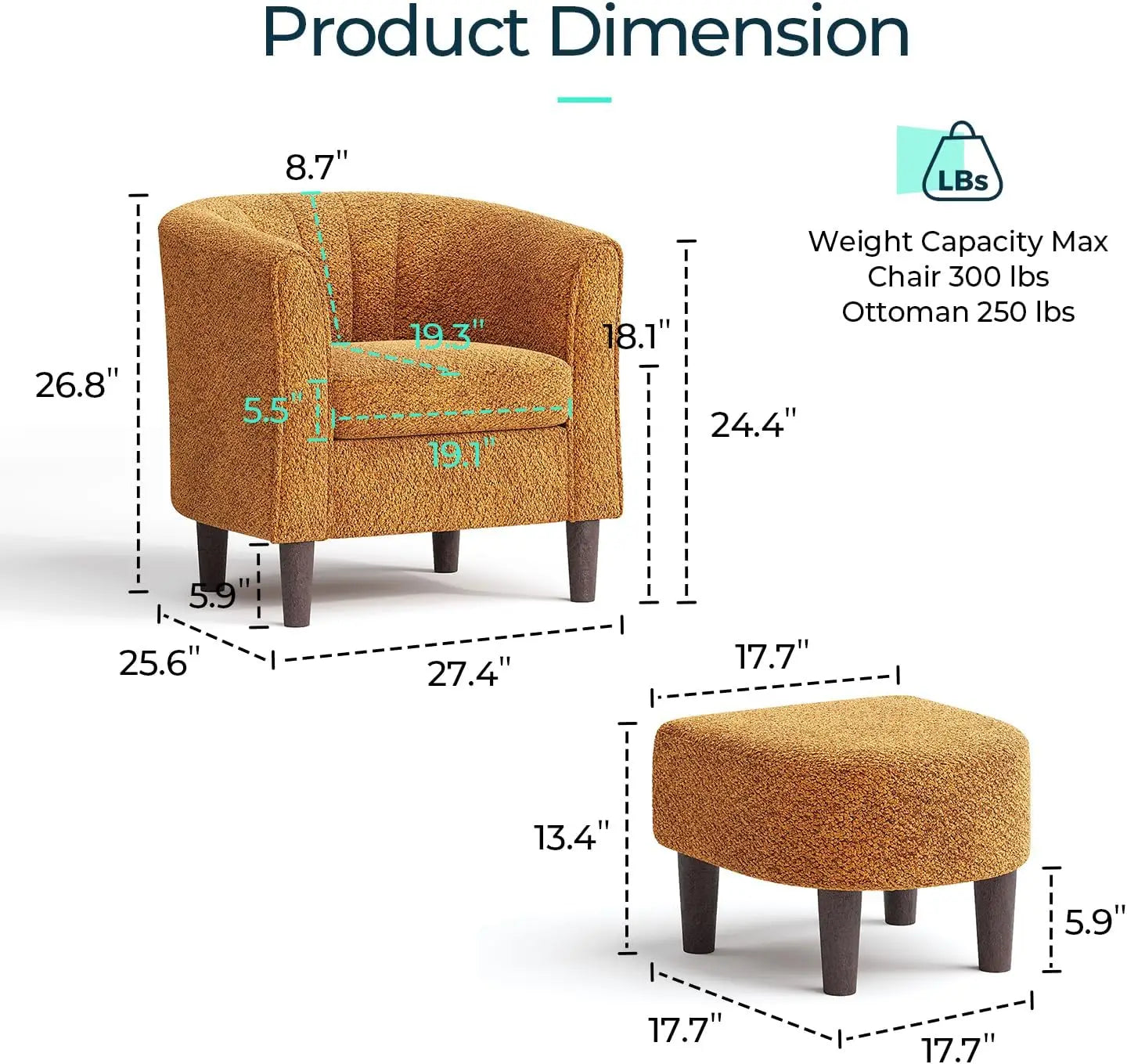 Modern Chenille Accent Chair with Ottoman, Orange Barrel Armchair for Living Room Bedroom Office