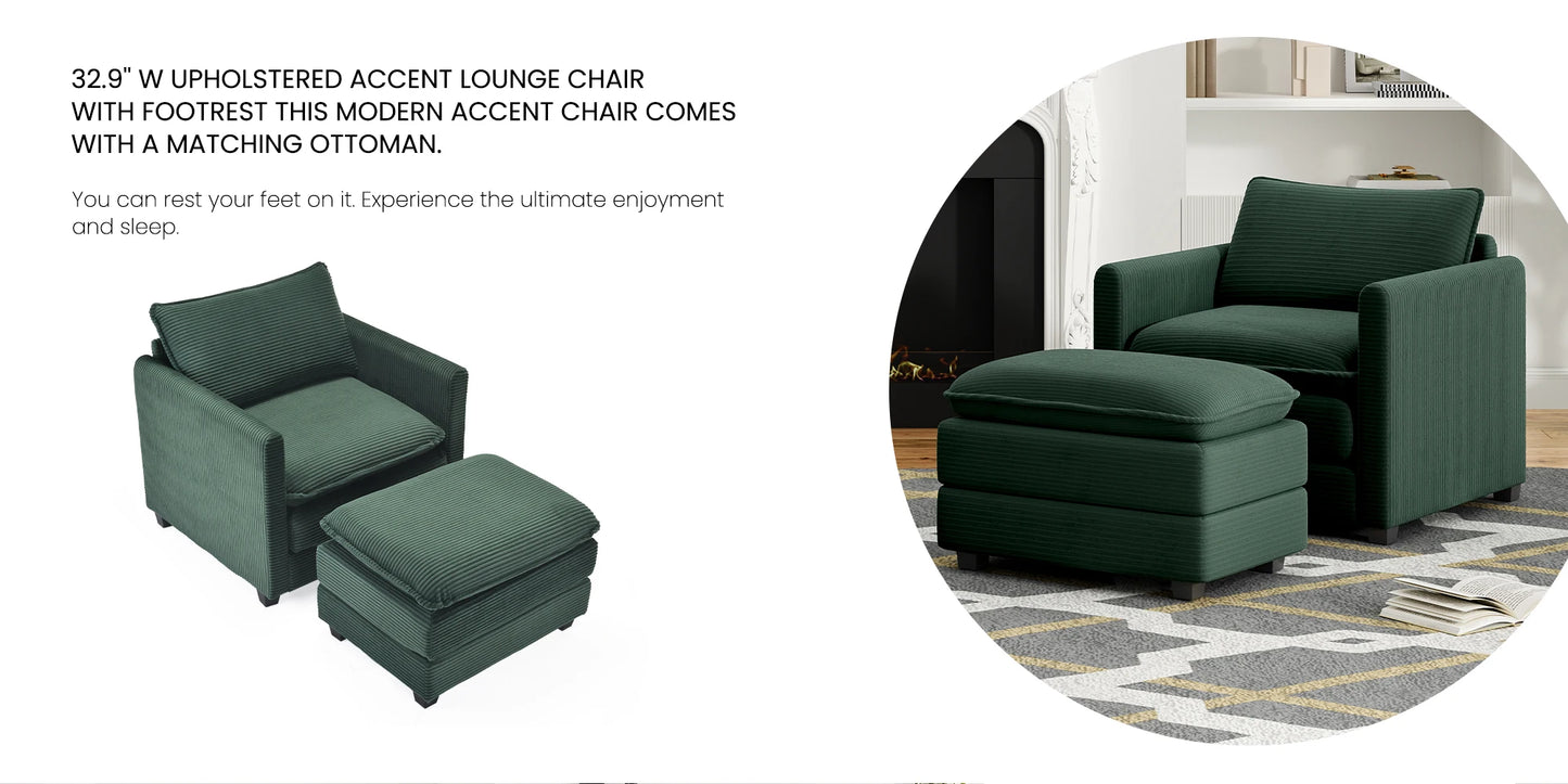Corduroy Armchair with Ottoman Set, Accent Chair & Footstool, High-Quality Foam, Easy 15-Min Assembly, for Living Room, Bedroom
