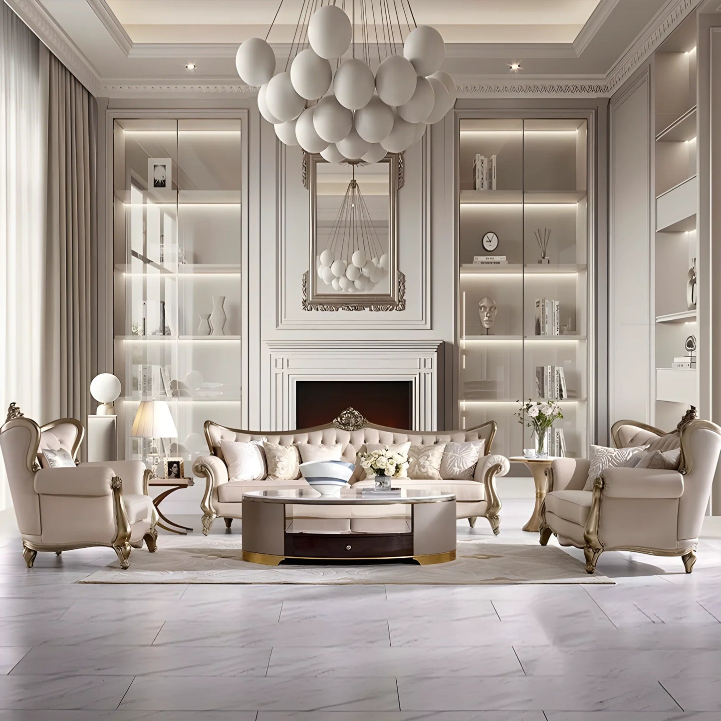 French cream wind solid wood leather living room sofa combination luxury villa sofa high-end luxury