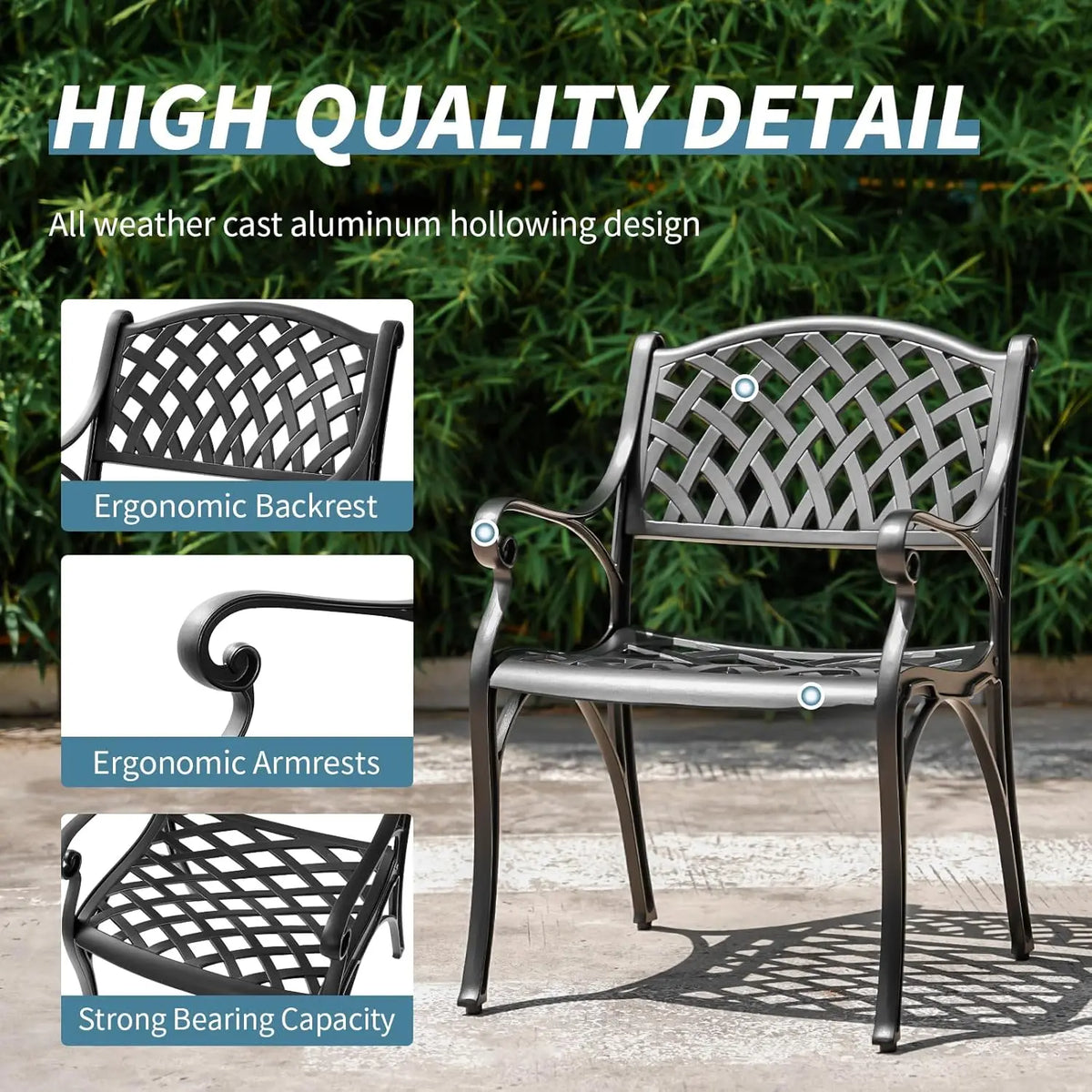 2 Piece Outdoor Cast Aluminum Dinning Chairs, Patio Bistro Chair Set with Armrests, Patio Dinning Chairs