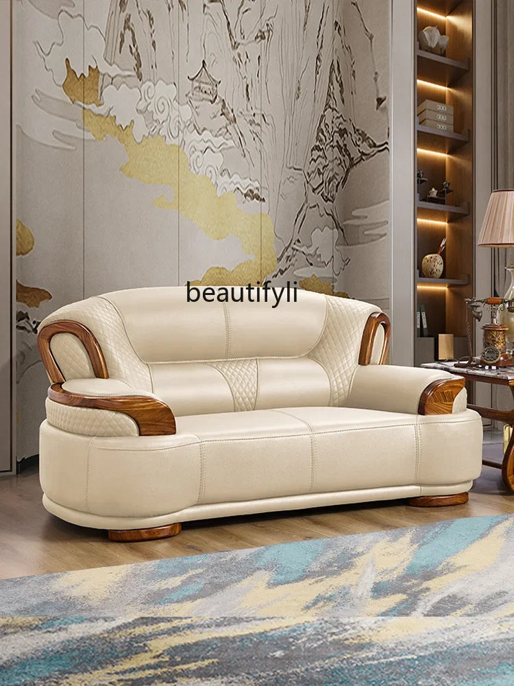 A38 Leather Sofa Luxury Villa Living Room New Chinese Style First Layer Cowhide European Solid Wood Home