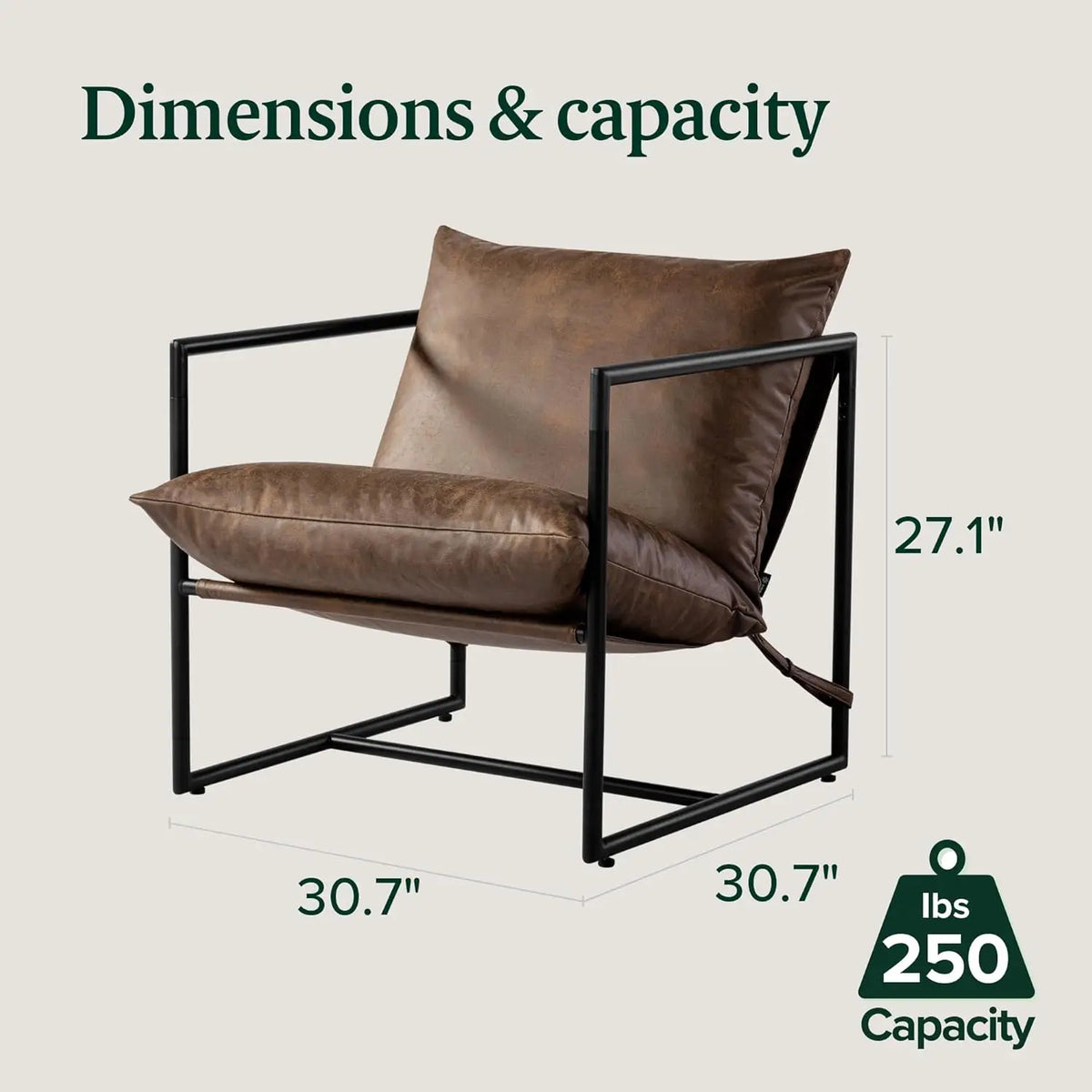 Faux Leather Sling Accent Chair, Metal Framed Armchair with Shredded Foam Cushioning, Cocoa Brown
