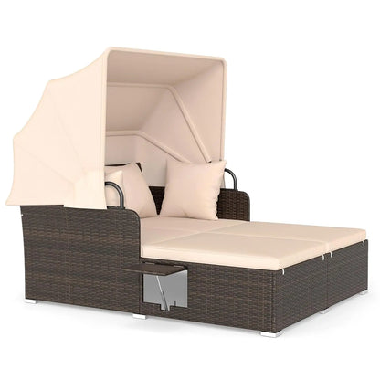 Outdoor Daybed, 2-Person Wicker Patio Sofa with Retractable Canopy, Cushions & Pillows, 2 Side Trays, PE Rattan Double, Custom