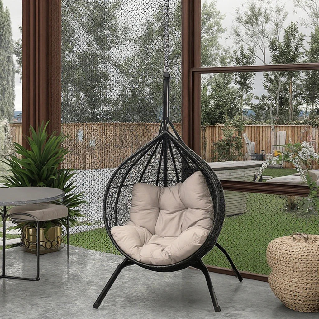 Modern Outdoor Garden Patio Courtyard Aluminium Metal Hanging Egg Swing With Stand Rattan Egg Swing Chair