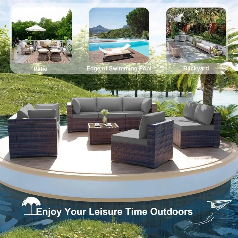 Outdoor Patio Sectional Sofa Set - 9 Piece Brown PE Rattan Conversation Furniture