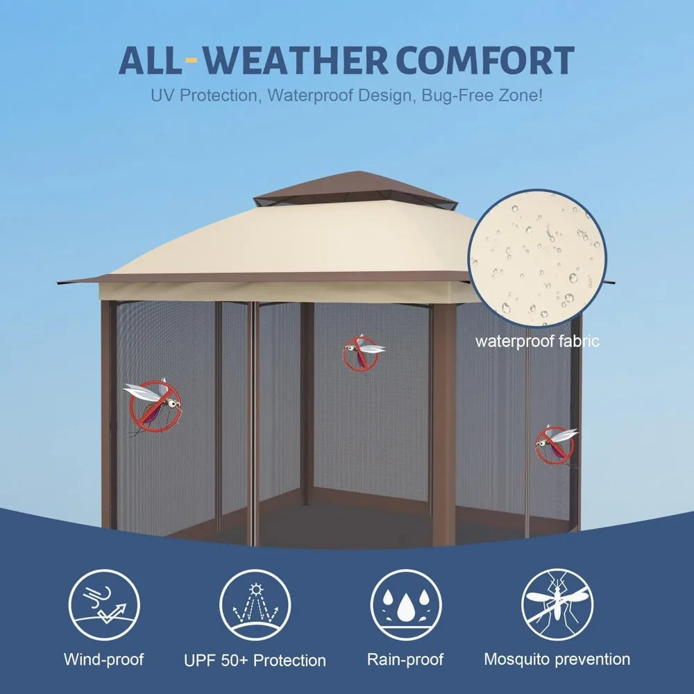 11'X11' Gazebo Pop Up with 4 Sidewalls Mosquito Netting, Heavy Duty Patio Gazebo Canopy Tent with Double Air Roofs for Backyards