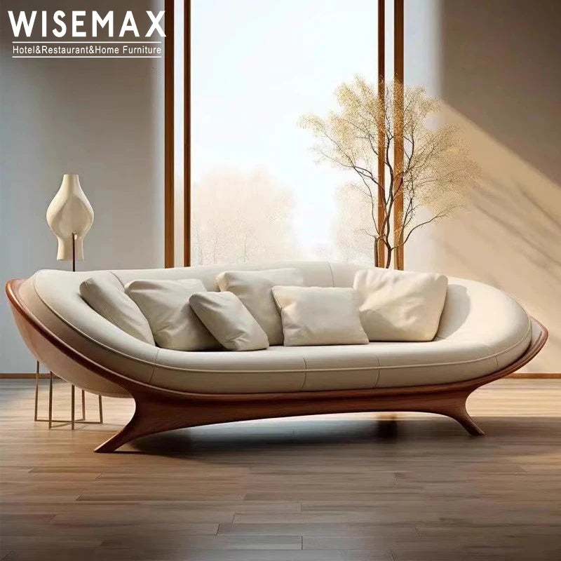 Furniture designer modern combination sofa walnut base luxury curved modular hotel bedroom leather sofa