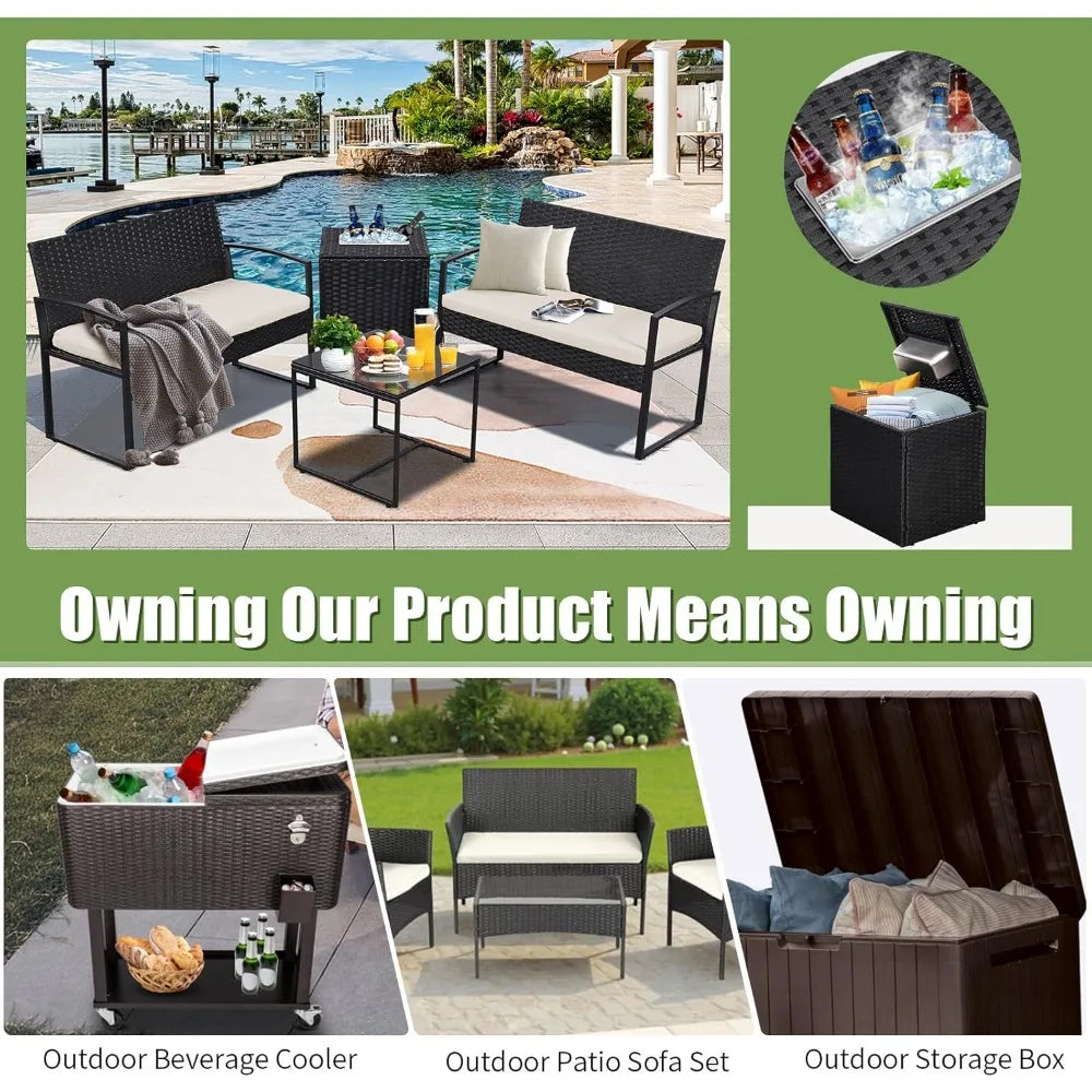 Outdoor Patio Furniture Set w/Built-in Beverage Cooler Storage Box & Coffee Table for Outside for Balcony
