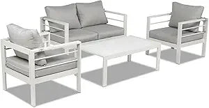 Aluminium modern patio furniture with coffee table, 7-piece outdoor conversation set, dark grey cushions, suitable for balcony