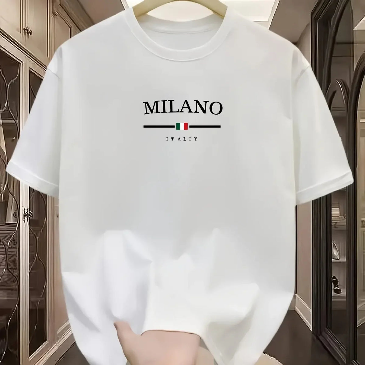 Men's 100% Pure Cotton Fashionable Casual Loose Italian Style Milan Letter Printed Round Neck Short Sleeved T-shirt Tops Tees