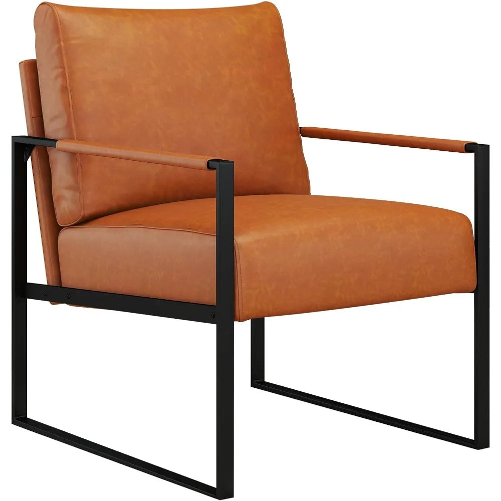 Mid Century Modern Accent Chair, PU Leather Armchair with Metal Frame,Comfy Single Reading Chair with Soft Padded Backrest and