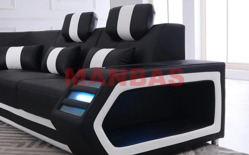 Modern LED Light Genuine Leather Sectional Sofa Set with Storage Shelves, USB Charging Ports, Cup Holder and Contemporary Design