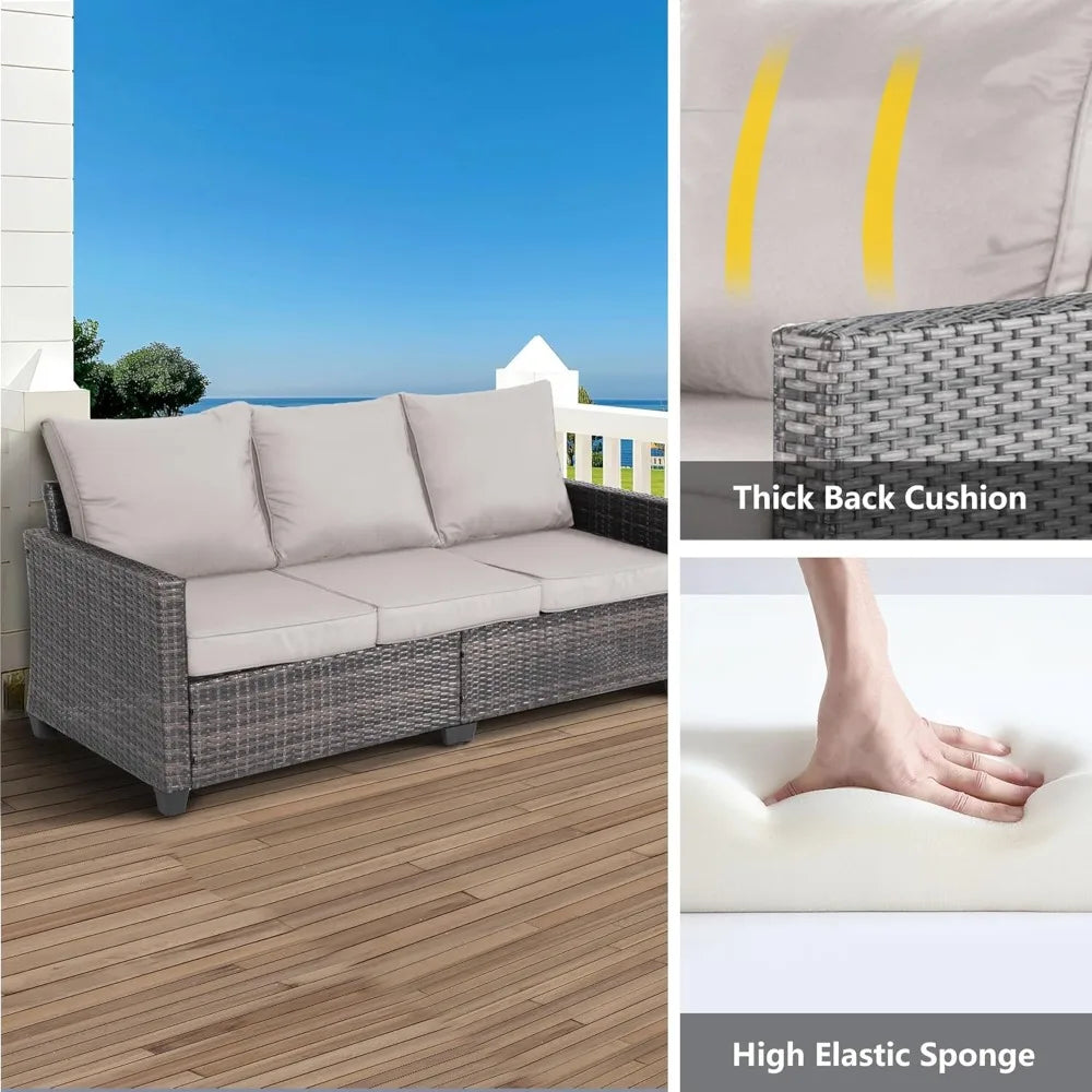 "3-seat weather-resistant wicker patio sofa with high curved back and plush cushions"