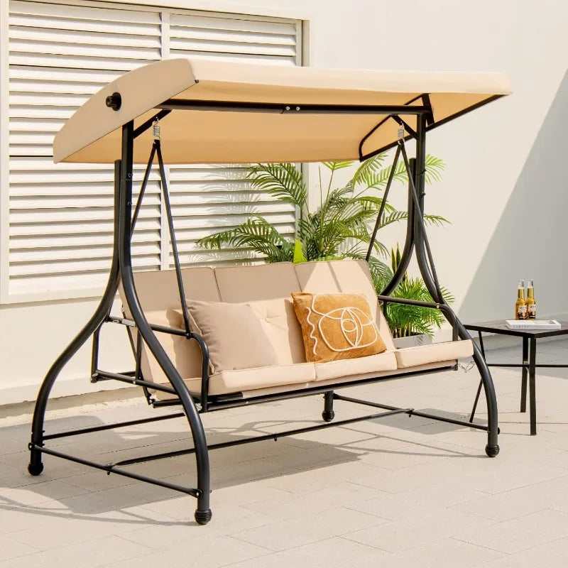 3 Person Porch Swing, 2-in-1 Convertible Patio Swing Bed with Removable Cushions, Solid Steel Structure, Outdoor Swing