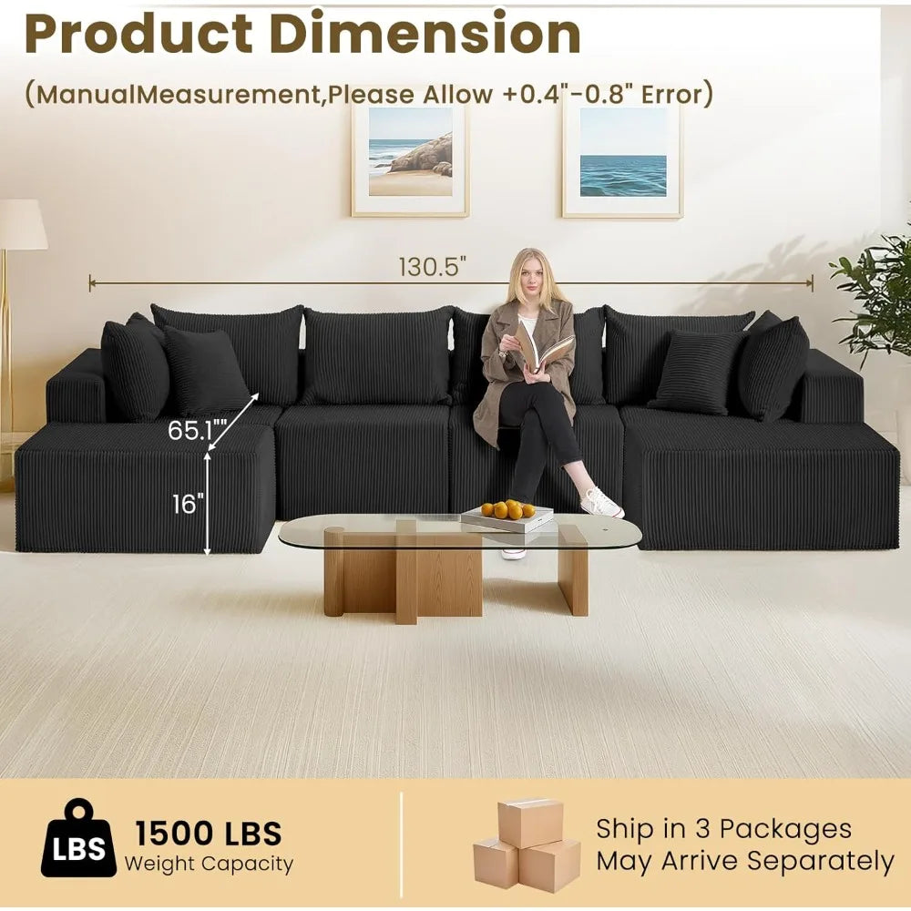 Oversize 131” Boneless Couch for Living Room,Comfort U Shaped Cloud Couch Sectional,Extra Deep Seats Corduroy Modular,Customized