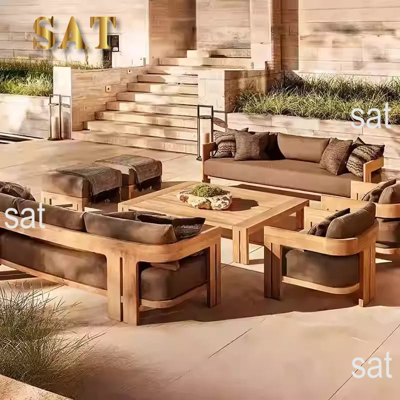 nvModern Luxury Teak Waterproof Outdoor Sofa with Cushions Customized Color for Patio Courtyard Apartment&Hotel Living Rooms&