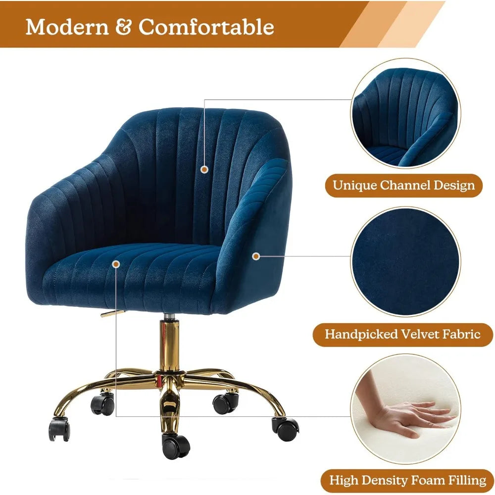 Velvet Home Office Desk Chair, Modern Cute Computer Task Chair, Wheels Swivel Height Adjustable Upholstered Vanity Chair for Wo