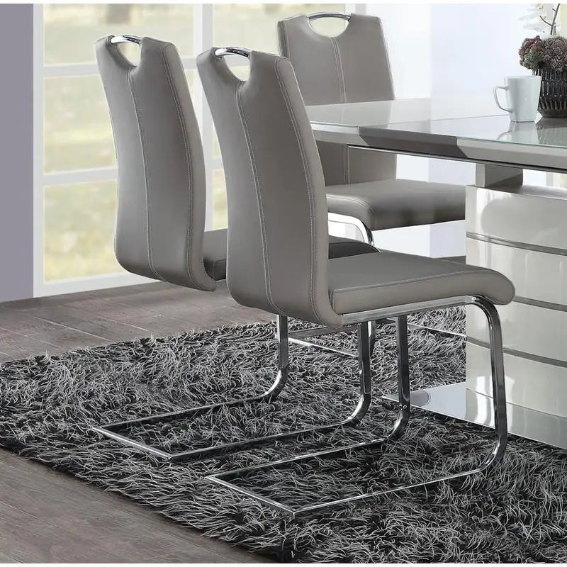 Set of 2 Chrome Metal Finish Side Chairs, Gray-Taupe Faux Leather Upholstery, Casual Dining Furniture