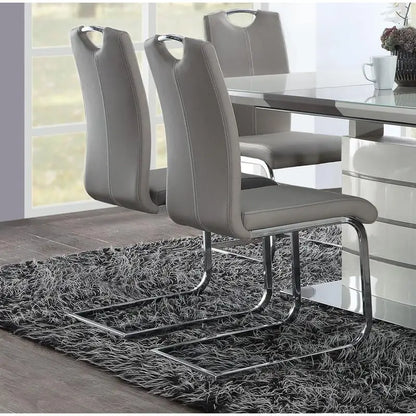 Set of 2 Chrome Metal Finish Side Chairs, Gray-Taupe Faux Leather Upholstery, Casual Dining Furniture