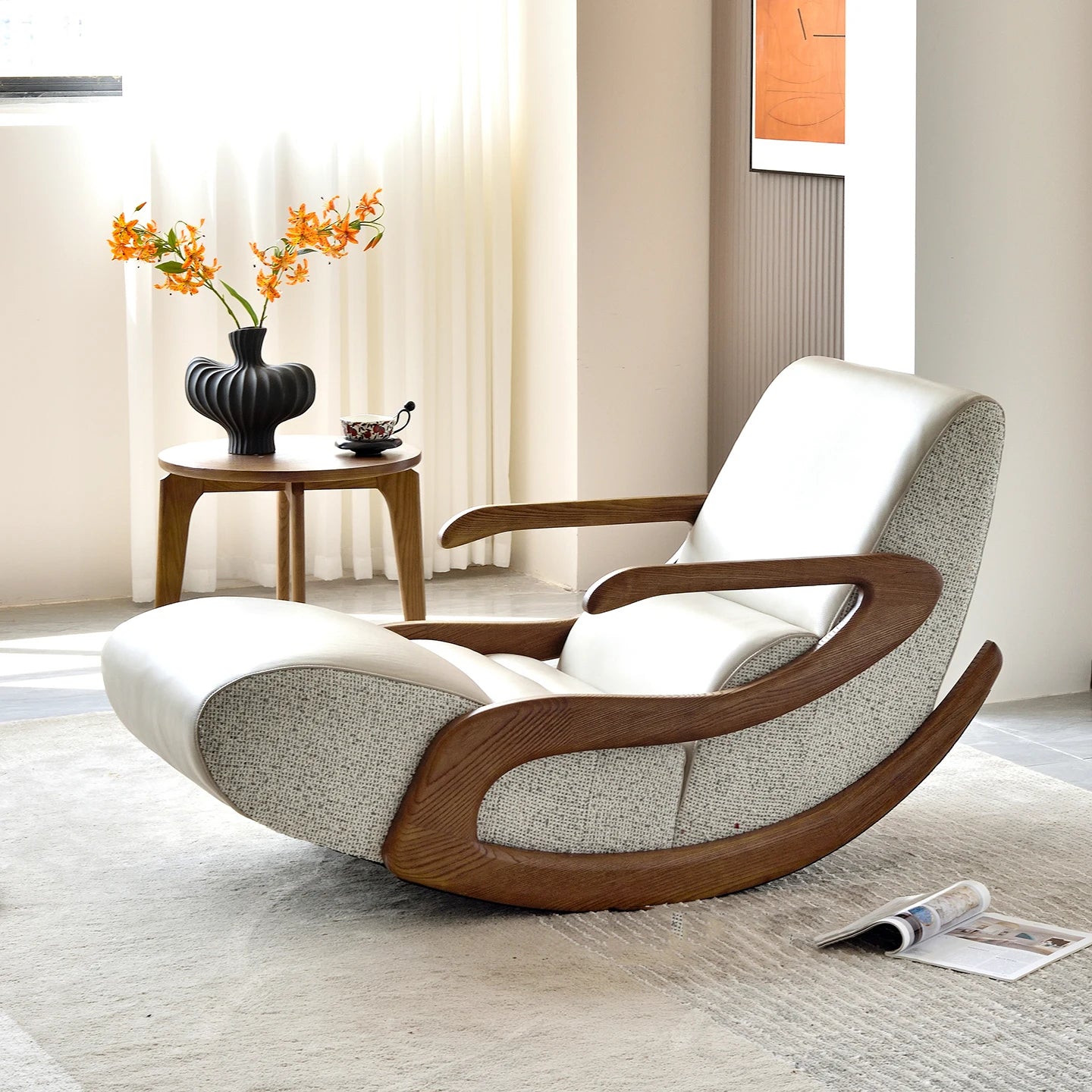 Nordic Modern Luxury Living Room Wooden Chairs Cushioned Large Rocking Single Lazy Sofa  Adult Bedroom Lounge Reading Furniture