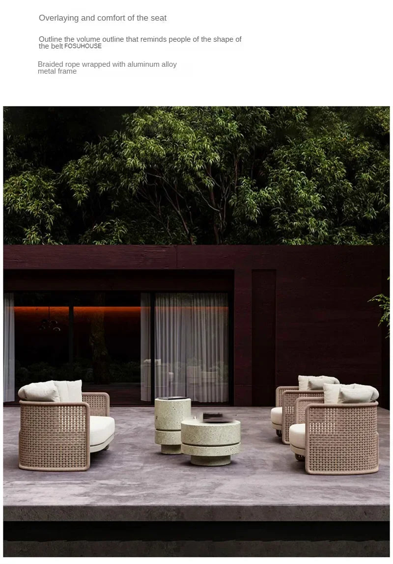 Retro Rattan Outdoor Sofas Luxury Garden Furniture Leisure Home Balcony Patio Set Rainproof and Sunproof Nordic Rope Sofa Chair