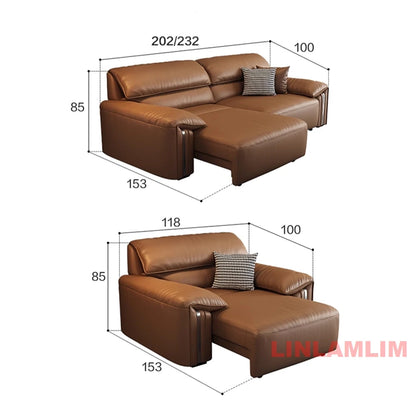 Modern Convertible Genuine Leather Sofa Bed – Multi-functional Electric Sleeper Couch with Adjustable Seats & Wide Chaise Lounge