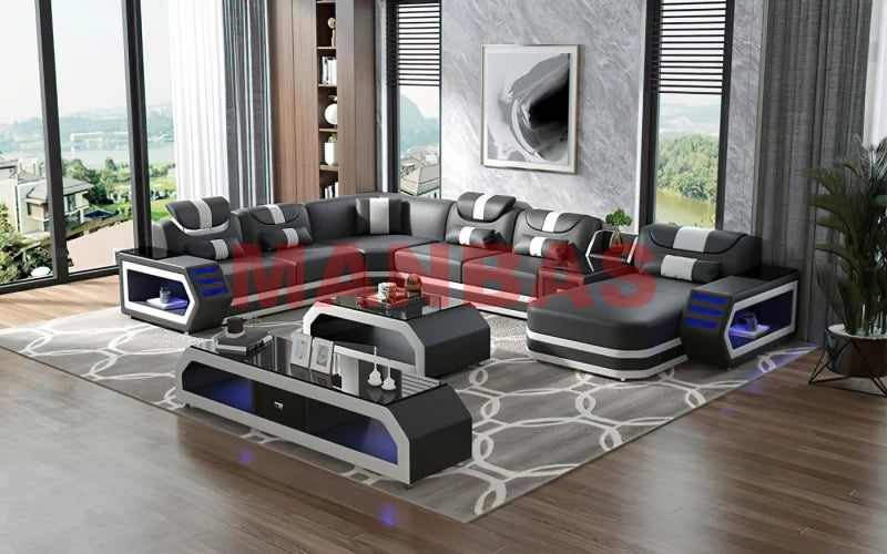 Modern LED Light Genuine Leather Sectional Sofa Set with Storage Shelves, USB Charging Ports, Cup Holder and Contemporary Design