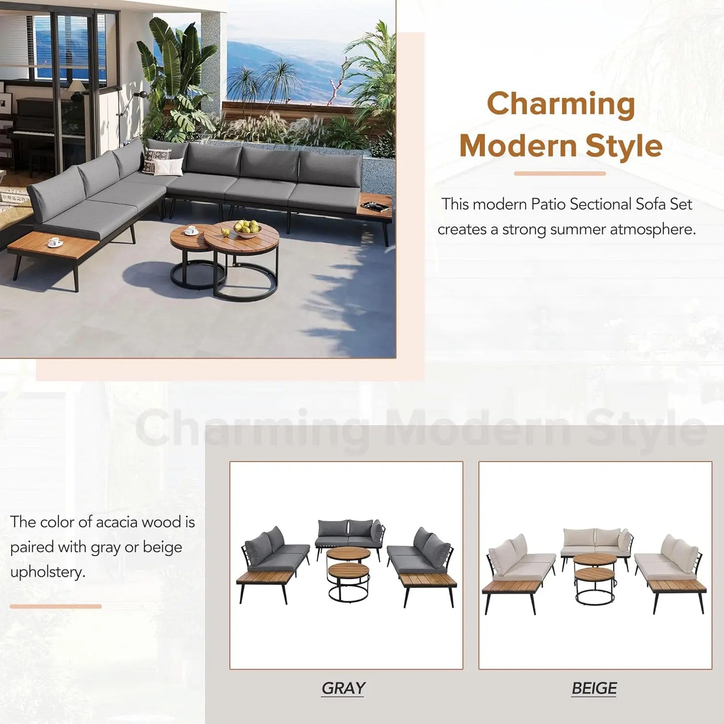 Modern Patio Furniture Set, 6-Piece Outdoor Sectional Sofa Set with Round Nesting Coffee Tables and Seating Sofa, Customized