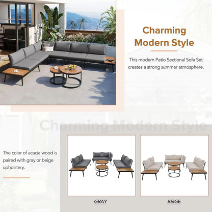 Modern Patio Furniture Set, 6-Piece Outdoor Sectional Sofa Set with Round Nesting Coffee Tables and Seating Sofa, Customized