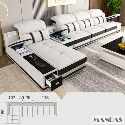 Modern Genuine Leather Sofa Living Room By MANBAS - Stylish Italian Couch with Bluetooth Speaker, USB & Adjustable Headrests