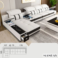 Modern Genuine Leather Sofa Living Room By MANBAS - Stylish Italian Couch with Bluetooth Speaker, USB & Adjustable Headrests