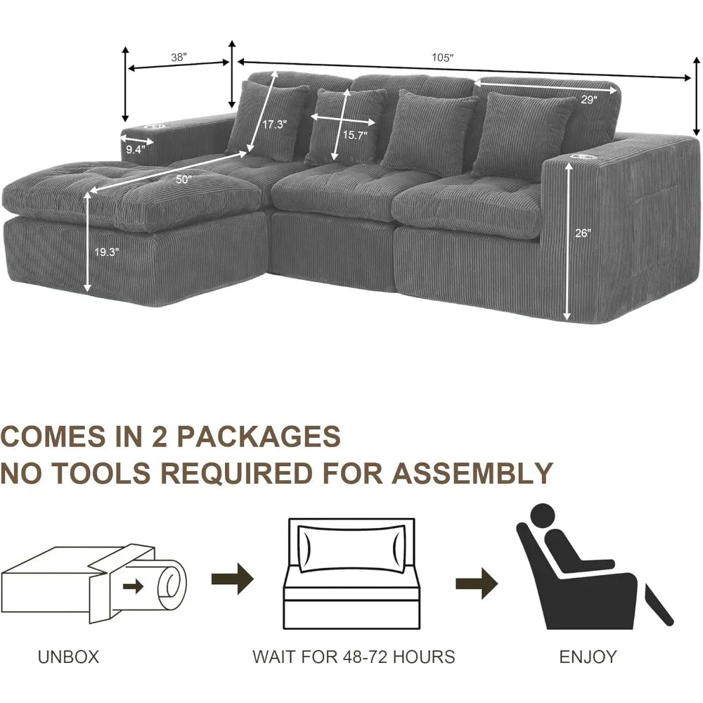 105 Inch Cloud Sectional Couch Modern Modular Sectional Sofa with Deep Seat - L Shaped Comfy 3 Seater Sectional Couches