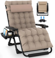 Oversized Zero Gravity Chair XXL, Padded Recliner with Aluminum Lock, Headrest, Cup Holder, Supports 500lbs, Khaki