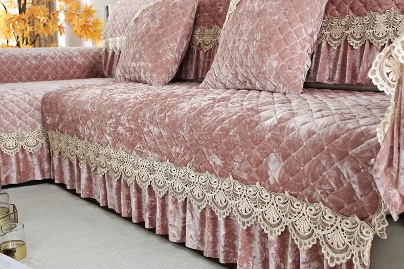 Embroidery Lace Sofa Cushion Gold Velvet Hemline Sofa Cover Autumn Winter European Couch Cover Solid Color Checkered Sofa Mat