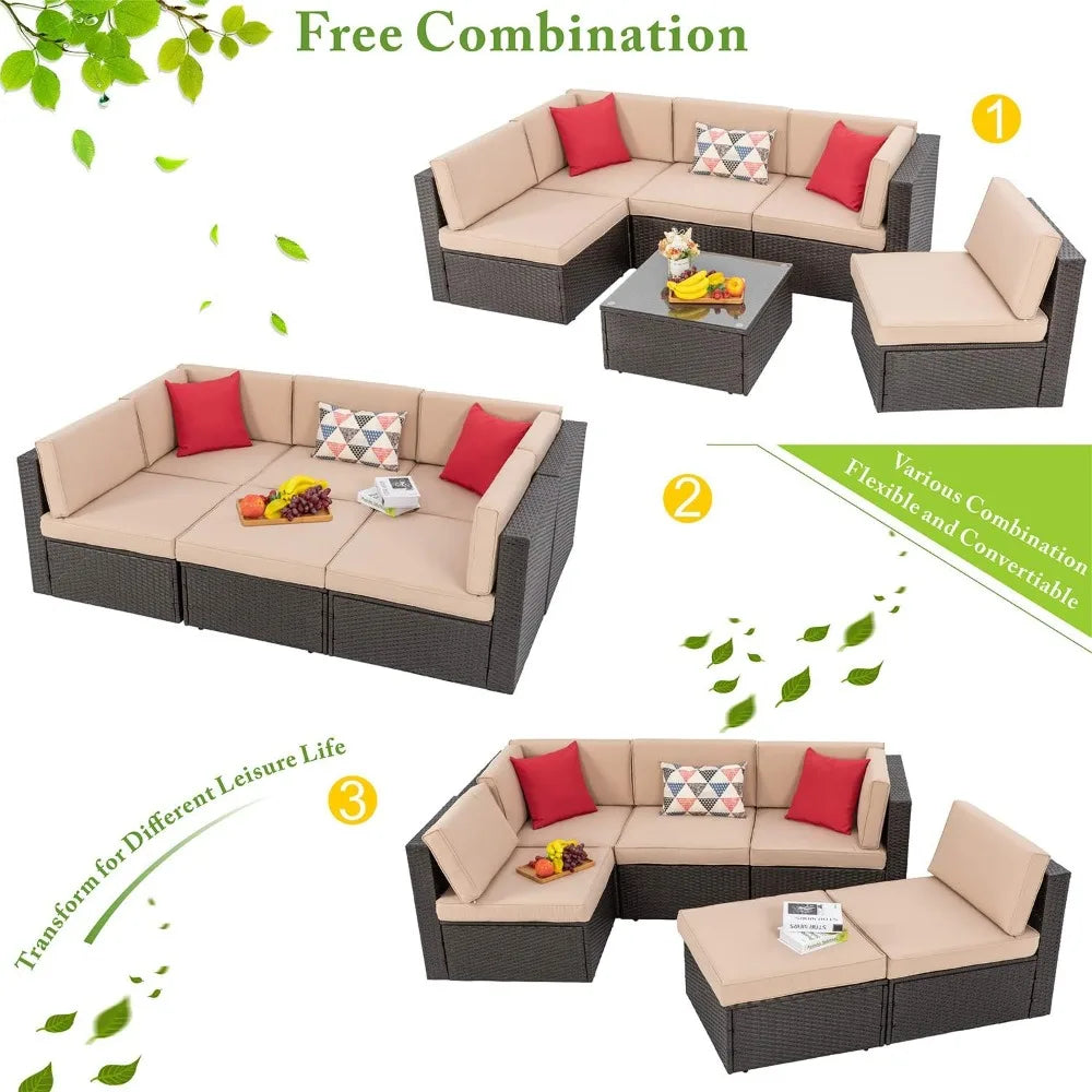 6 Piece Patio Furniture Set, Small Outdoor Sectional Sofa Couch, All Weather PE Wicker L-Shaped Corner Patio Sofa Garden Backya