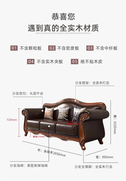 American vintage leather sofa living room solid wood country European style sofa inline furniture