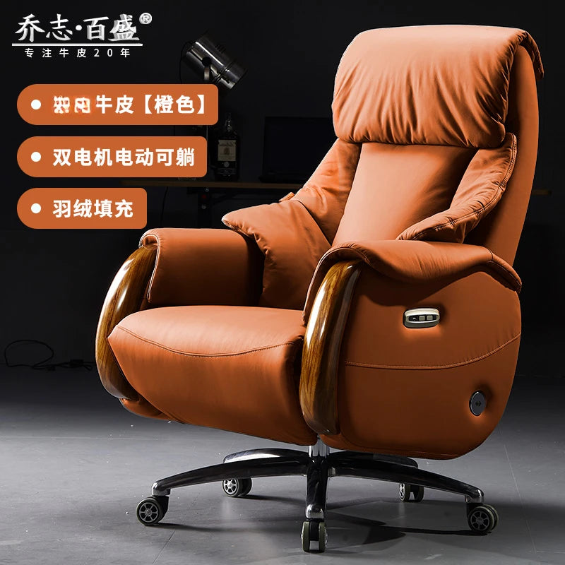 H2 Electric Reclining Executive Chair Genuine Leather Home Comfortable Large Shift Swivel Chair Light Luxury Business High-End