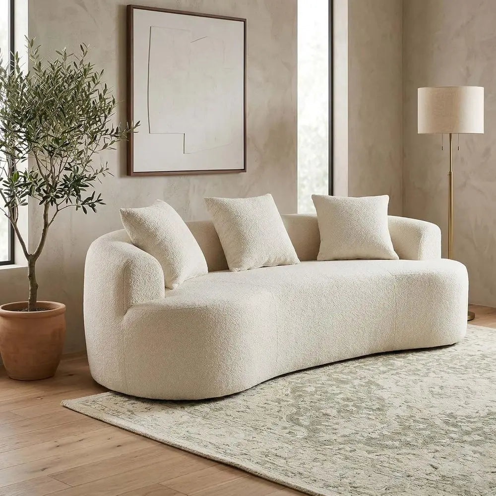 67” Beige Curved Loveseat Soa, Luxury Plush Chenille Curved Couch with 3 Throw Pillows & Extra Wide Armrests, Comy Upholstered O