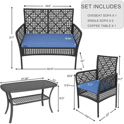 4 Pieces Patio Furniture Set, Outdoor Small Seating Conversation Sets Include Wicker Loveseat Sofa PE Rattan Chairs with Coffee
