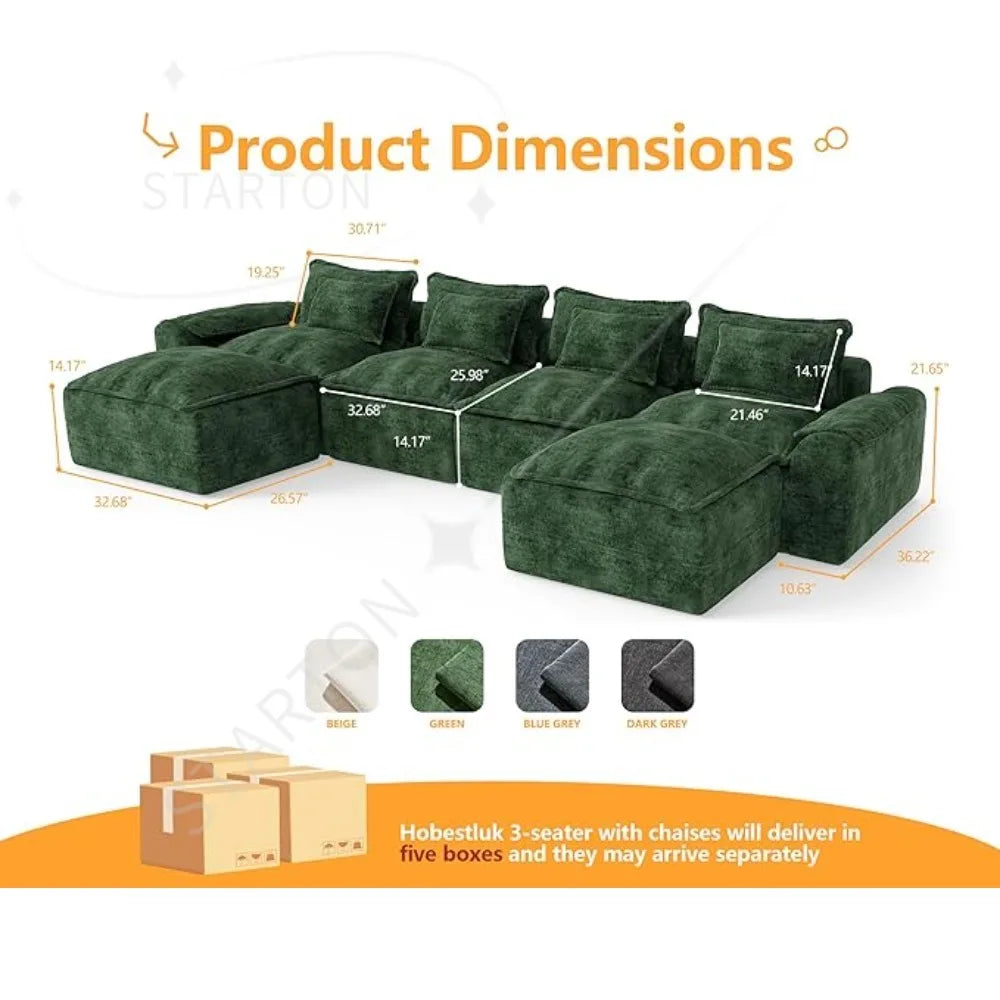 52" Cloud Modular Sectional Couch 4-Seater Sofa with Ottomans U Shaped Couch Deep Seat Sofa