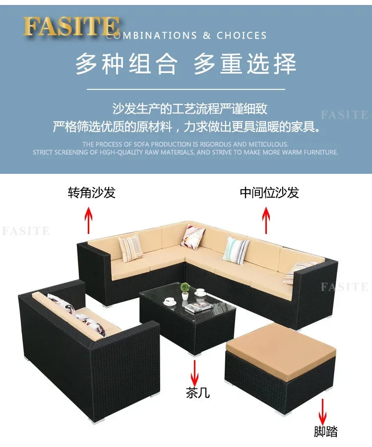 Outdoor rattan sofa, rainproof and sunscreen woven three piece set, tea table combination, outdoor furniture