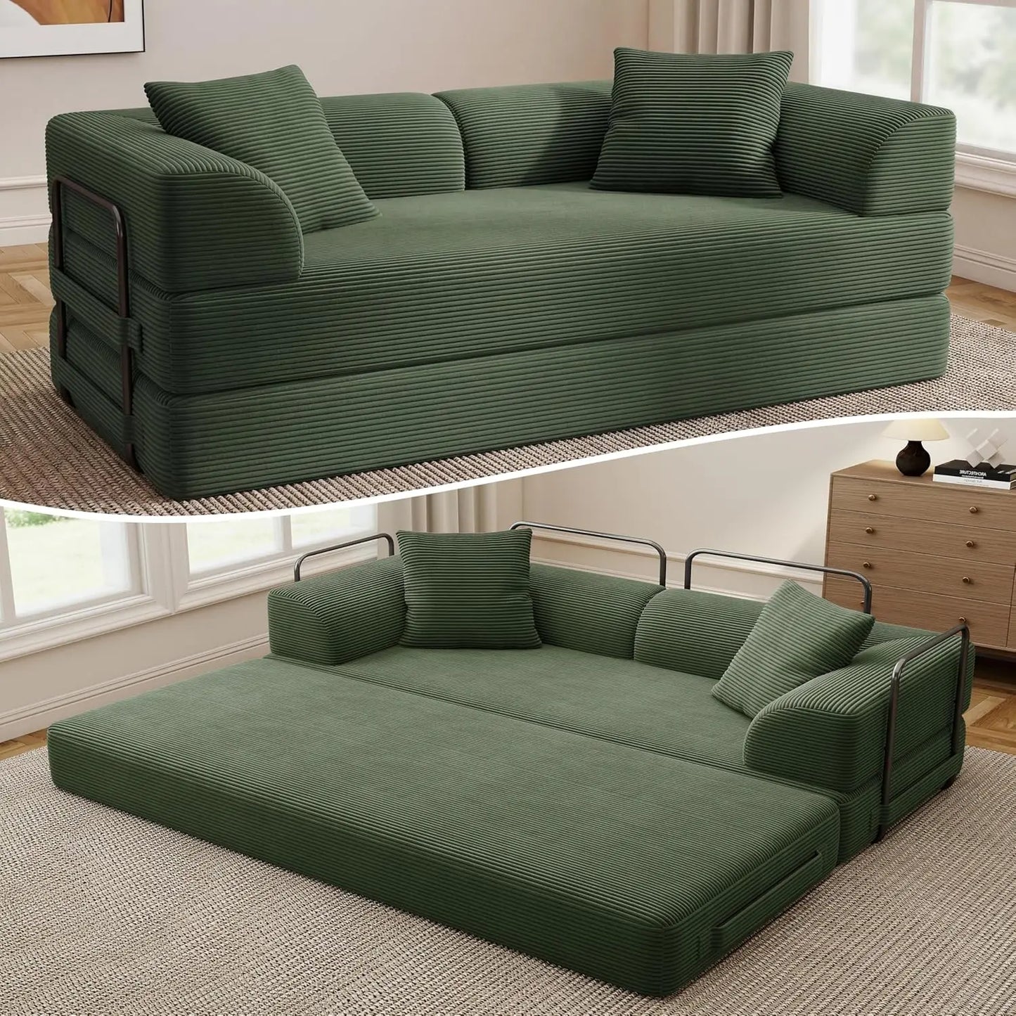 5-in-1 Convertible Sofa Bed Pull-Out Sleeper 70in High-Density Sponge Corduroy Futon Living Room Gray Customized
