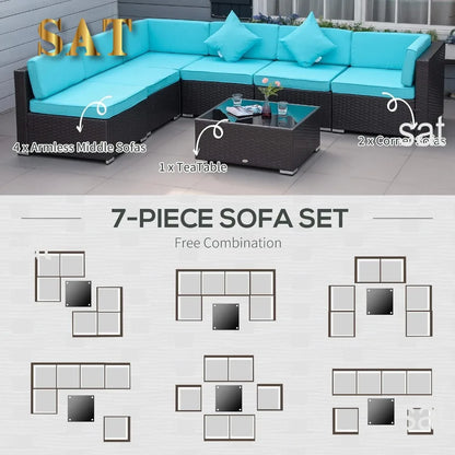 # l 7-piece outdoor furniture set, wicker dialogue set, all-weather rattan combination set, with cushion and tempered glass tabl