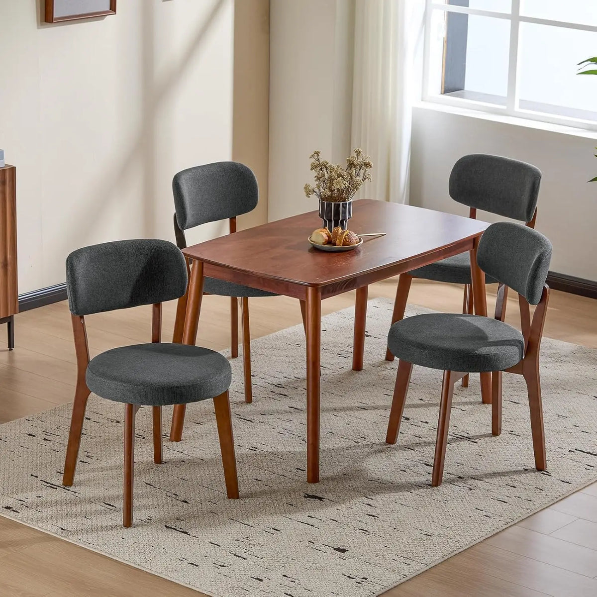 Oak Wooden Dining Chairs Set of 4, Mid-Century Modern Linen Upholstered Kitchen Chair with Solid Wood