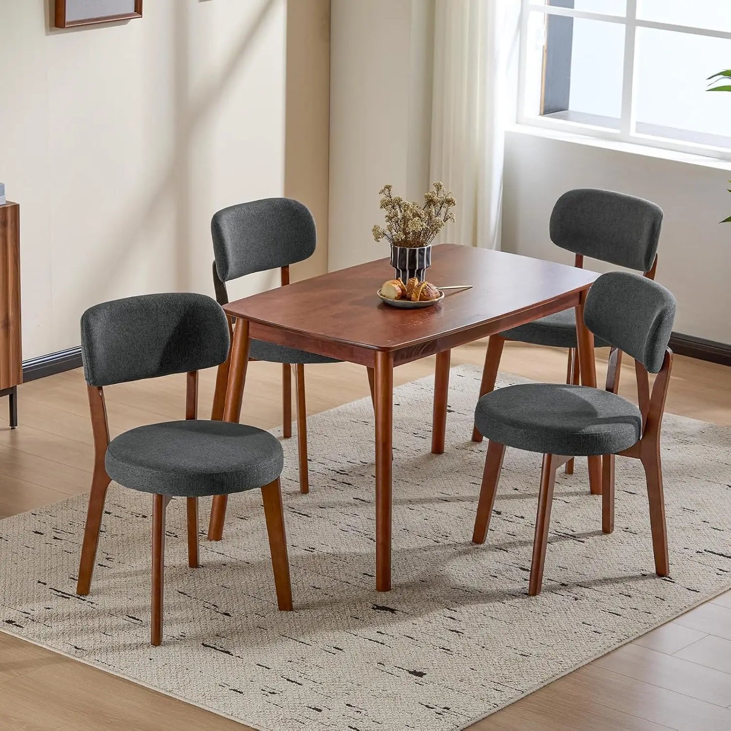 Oak Wooden Dining Chairs Set of 4, Mid-Century Modern Linen Upholstered Kitchen Chair with Solid Wood